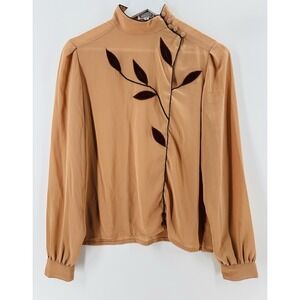 VTG 70s Campus Casuals Caramel Tan Blouse High Neck Velvet Appliqué‎ Boho Q1023